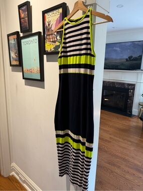 Ted Baker Navy, White & Neon Yellow Striped Dress, Ted Baker size 3